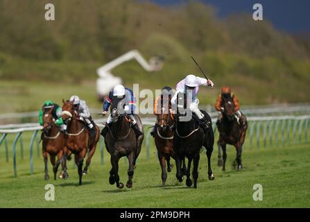 Sera Dawn and jockey George Bass (right) coming home to win the Darley EBF Novice Stakes at Nottingham racecourse. Picture date: Wednesday April 12, 2023. Stock Photo