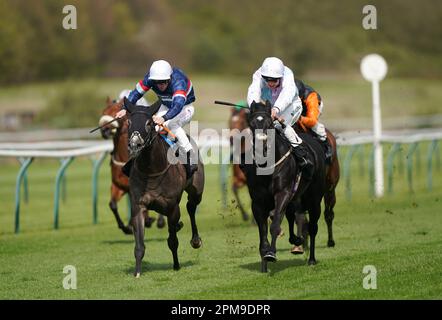 Sera Dawn and jockey George Bass (right) coming home to win the Darley EBF Novice Stakes at Nottingham racecourse. Picture date: Wednesday April 12, 2023. Stock Photo