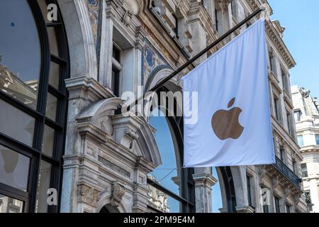 London. UK- 04.09.2023. The Apple logo on a flag on the facade of its Regent Street store. Stock Photo