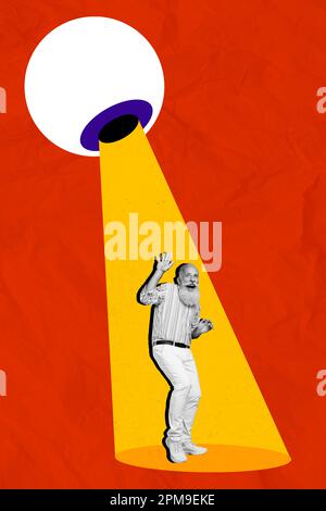 Vertical poster collage of old man scared by his boss huge eyeball spying how working progress going control isolated on red background Stock Photo