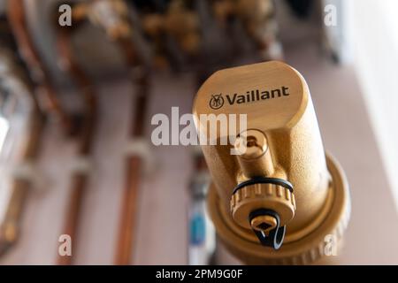 London. UK- 04.07.2023. The Vaillant company name and trademark on a part of a combi boiler. Stock Photo