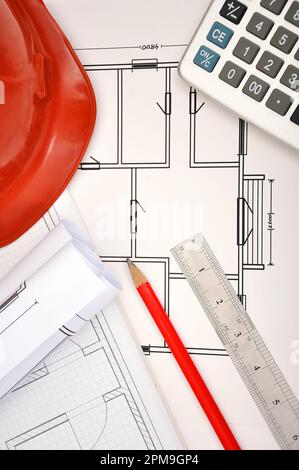 blueprint, calculator and tools on the desktop, workspace engineer Stock Photo