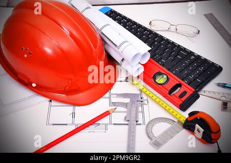 apartment  blueprint and tools on desktop, workspace engineer Stock Photo