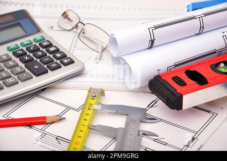 workspace engineer, blueprint and tools on the desktop Stock Photo