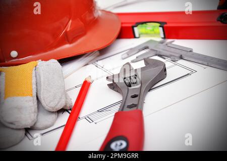 engineer workspace, blueprint and tools on the desktop Stock Photo