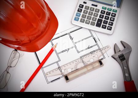apartment  blueprint and tools on desktop, workspace engineer Stock Photo