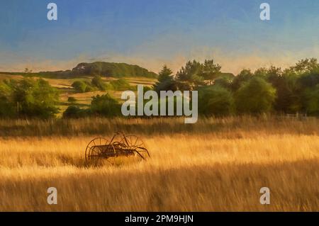 Digital painting of an antique hay rake in a farmers field at sunset in ...