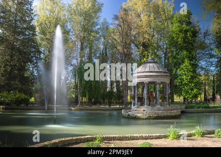 Pond of the Chinescos in the Jardines del Principe in Aranjuez, Madrid, Spain with gazebo with flowers and fountains Stock Photo