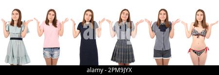 Collage of young beautiful girl isolated on white background, clueless and confused expression with arms and hands raised. Doubt concept. Stock Photo