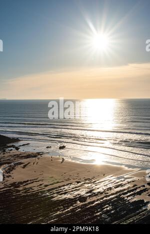 Overlooking sandy beach in Cornwall, Uk Stock Photo