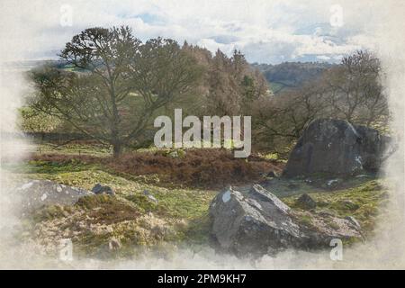 Digital watercolour painting of Robin Hood's Stride limestone way rock formation in the Derbyshire Dales, Peak District National Park, UK. Stock Photo