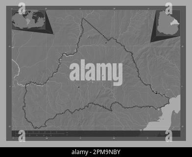Cerro Largo, department of Uruguay. Bilevel elevation map with lakes and rivers. Locations of major cities of the region. Corner auxiliary location ma Stock Photo