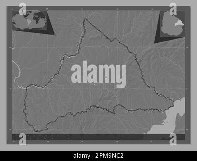 Cerro Largo, department of Uruguay. Bilevel elevation map with lakes and rivers. Corner auxiliary location maps Stock Photo