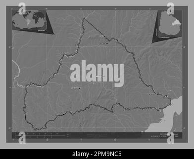 Cerro Largo, department of Uruguay. Bilevel elevation map with lakes and rivers. Locations and names of major cities of the region. Corner auxiliary l Stock Photo