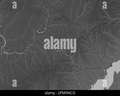 Cerro Largo, department of Uruguay. Grayscale elevation map with lakes and rivers Stock Photo