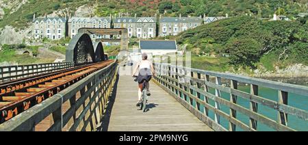 Young woman completing bike ride from Morfa Mawddach end of the Barmouth Viaduct a Grade II listed single track wooden railway bridge structure on the Cambrian Line.spanning Afon Mawddach river estuary. The footbridge beside the train track is a multi purpose walking cycling motorbiking link to Fairbourne side of estuary. The cyclist is pedalling towards the tole booth on the Barmouth side in Gwynedd North Wales UK Stock Photo