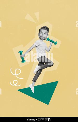 Collage 3d pinup pop retro sketch image of funky funny guy jumping practicing sport isolated painting background Stock Photo