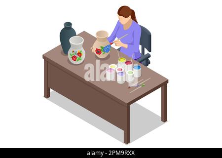 Isometric Pottery workshop. Ceramist person painting handmade crockery use brush. Pottery studio, pottery hobby. Handcrafted earthenware. Stock Vector