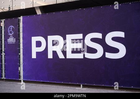 Tallinn, Estonia - April 11, 2023: Press sign at UEFA Women's Under-17 Championships Estonia 2023. Stock Photo