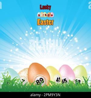 Lucky Bingo Easter Background With Easter Eggs As Bingo Balls Green Grass Blue Sky With Star Burst And Decorative Text Stock Vector