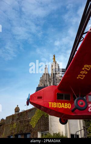 Tibidabo T1: The famous aeroplane ride at Tibidabo amusement park in Tibidabo, Barcelona. 'It transports you like a giant bird over an amazing backdro Stock Photo