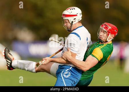 Marine Harvest Scotland v Ireland shinty hurling international, played at The Bught, Inverness.  Combined shinty and hurling rules apply. Stock Photo