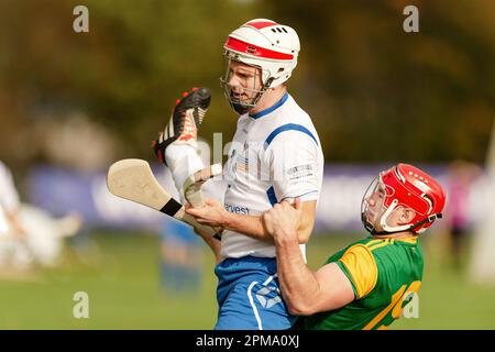 Marine Harvest Scotland v Ireland shinty hurling international, played at The Bught, Inverness.  Combined shinty and hurling rules apply. Stock Photo