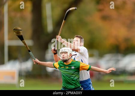 Marine Harvest Scotland v Ireland shinty hurling international, played at The Bught, Inverness.  Combined shinty and hurling rules apply. Stock Photo