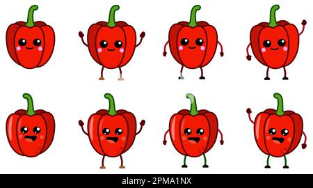 Cute kawaii style red bell pepper icon, large eyes, smiling. Version with hands raised, down and waving Stock Vector