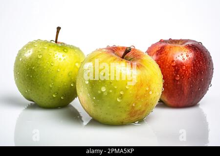 Two yellow-green and one red apples on a white background with water drops Stock Photo