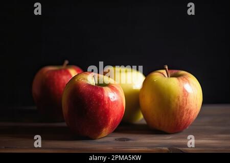 4 ripe apples on a wooden surface Stock Photo