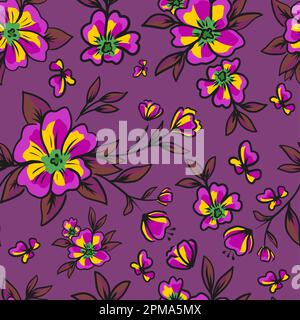 Floral pattern. Dark background, flowers white, pink, purple. Good for packaging, banner, postcards. Simple seamless pattern. Stock Vector