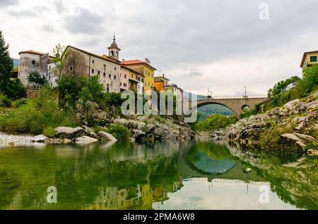 River Soca in Slovenia Kanal ob Soci city with a beautiful old stone