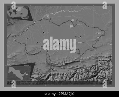 Ferghana, region of Uzbekistan. Bilevel elevation map with lakes and rivers. Locations and names of major cities of the region. Corner auxiliary locat Stock Photo