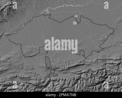 Ferghana, region of Uzbekistan. Bilevel elevation map with lakes and rivers Stock Photo