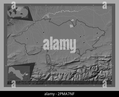 Ferghana, region of Uzbekistan. Bilevel elevation map with lakes and rivers. Locations of major cities of the region. Corner auxiliary location maps Stock Photo