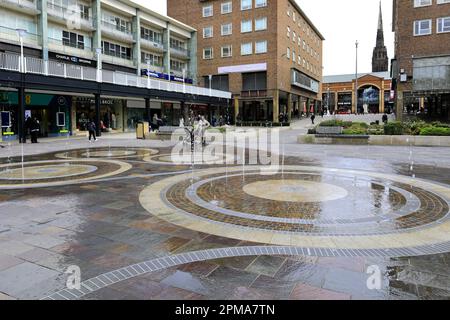 Water fountains in Coventry city centre, West Midlands, Warwickshire, England, UK Stock Photo