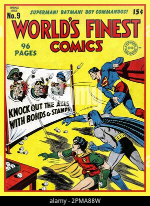 WW2 1940s Comic Propaganda cartoon in 'Worlds Finest Comics', with Batman , Robin and Superman, American super heroes throwing balls at a funfair set with targets of Adolf Hitler, Benito Mussolini and Emperor Hirohito. The Enemy Axis Powers In World War II Second World War. 'Knock Out The Axis With Bonds & Stamps' Stock Photo