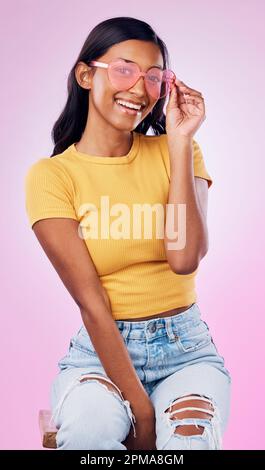 Sunglasses, fashion and portrait of happy Indian woman on pink background with smile, confidence and beauty. Happiness, summer aesthetic and girl Photo - Alamy