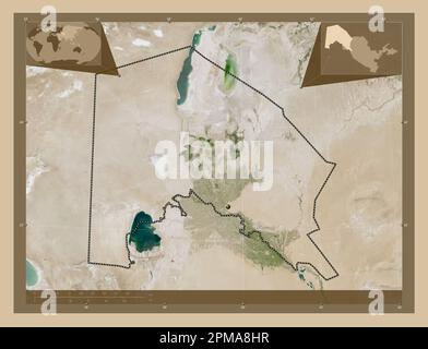 Karakalpakstan, autononous region of Uzbekistan. Low resolution satellite map. Corner auxiliary location maps Stock Photo