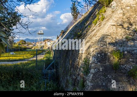 A white UN watchtower stands behind a fence in the buffer zone on the southern edge of Nicosia, Cyprus, surrounded by yellow wildflowers. The sloping Venetian bastion wall falls away steeply in the foreground. Stock Photo