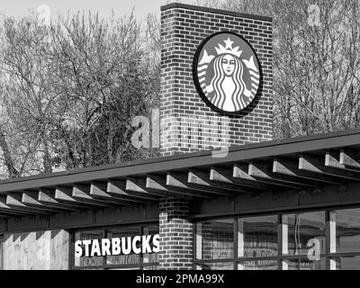 Black and White Image of Starbucks, Drive Threw, Reading, Berkshire, England, UK, GB. Stock Photo