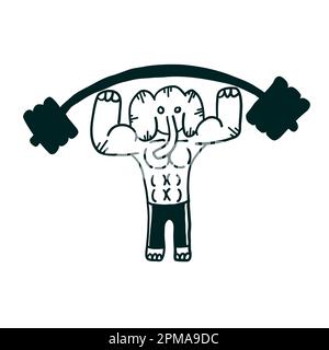 Training elephant with a barbell. Vector illustrations in cartoon outline doodle isolated on white background. Stock Vector