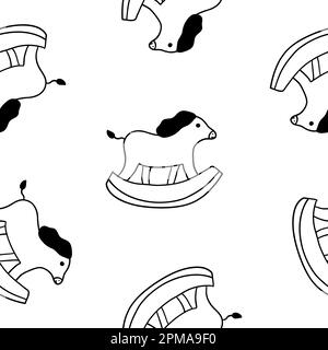Cartoon Christmas Horse Toys seamless pattern in outline doodle style isolated on white background. Vector illustration. Stock Vector