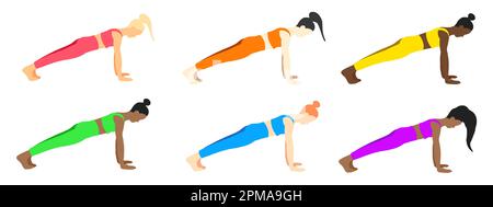 Flexibility yoga poses collection. European, African, Asian female, lady, woman, girl. Pilates, mental health, training, gym. Vector illustration in c Stock Vector