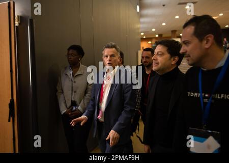 Marseille, France. 08th Apr, 2023. Fabien Roussel (center) and Benoit Payan enter the congress auditorium. The 39th Congress of the French Communist Party (PCF) takes place in Marseille from 7 to 10 April 2023. It reappoints Fabien Roussel as its leader. Credit: SOPA Images Limited/Alamy Live News Stock Photo