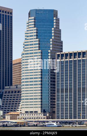NYC Financial District: The glass-chamfered corners of 32 Old Slip expand upward until the floor plan is a square rotated 45 degrees from the base. Stock Photo