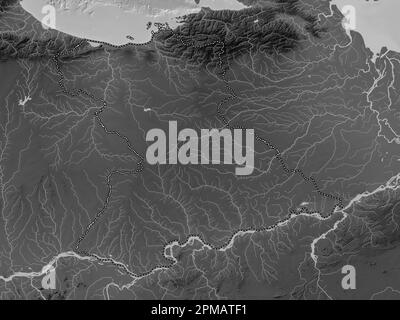 Anzoategui, state of Venezuela. Grayscale elevation map with lakes and rivers Stock Photo