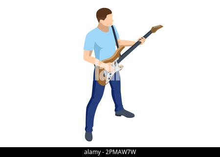 Isometric Realistic Electric Guitar. Man playing an electric guitar isolated on white background Stock Vector