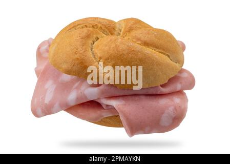 Mortadella sandwich. Typical Italian bread called rosetta stuffed with Mortadella Bologna which is a great Italian sausage. Isolated on white with cli Stock Photo
